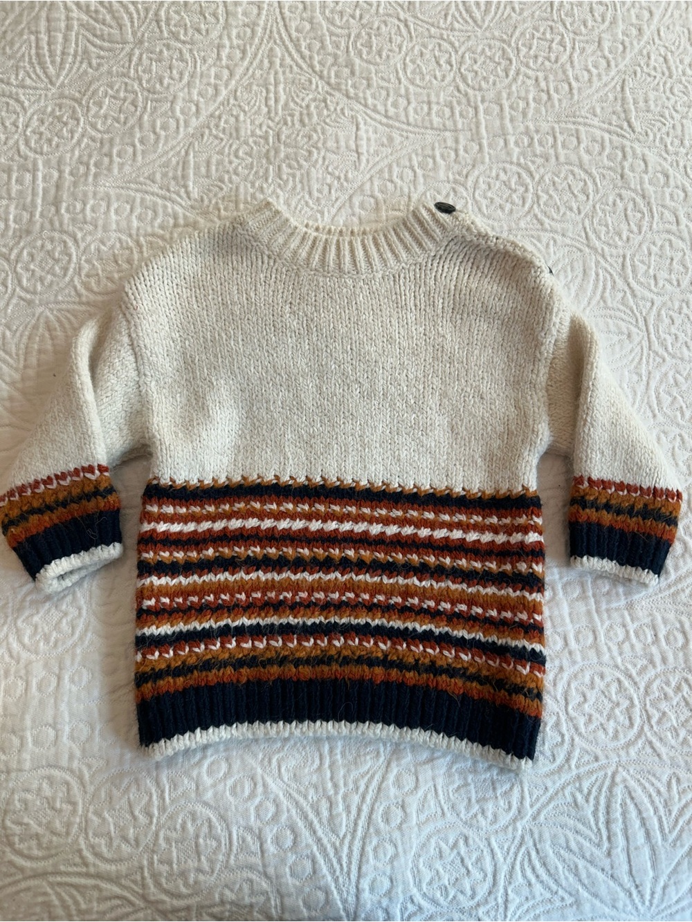 Zara Cream Striped Crewneck Sweater with Rust & Navy Accents